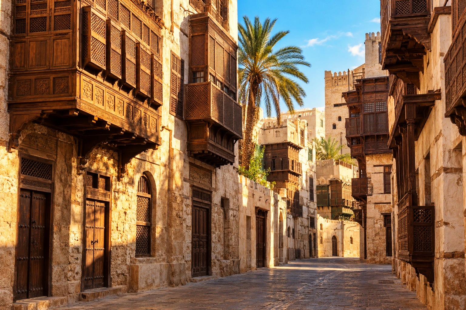 عمارة جدة البلد بأسلوب لوني ذهبي